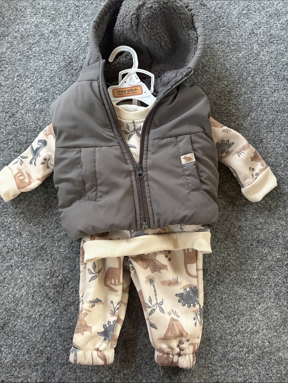 NEW! Little Stitch - Dino Print Three-Piece Outfit - Taupe & Cream - 3 months